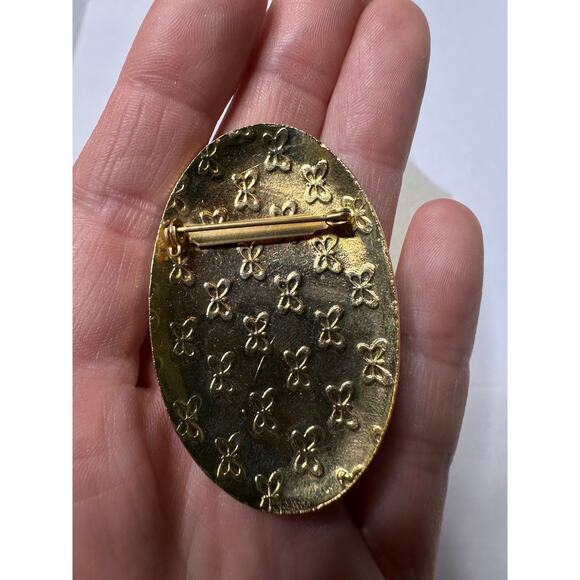 Vintage Enamel Brooch Pin Black and Gold Cloisonne Style Asian Oval - Picture 3 of 4